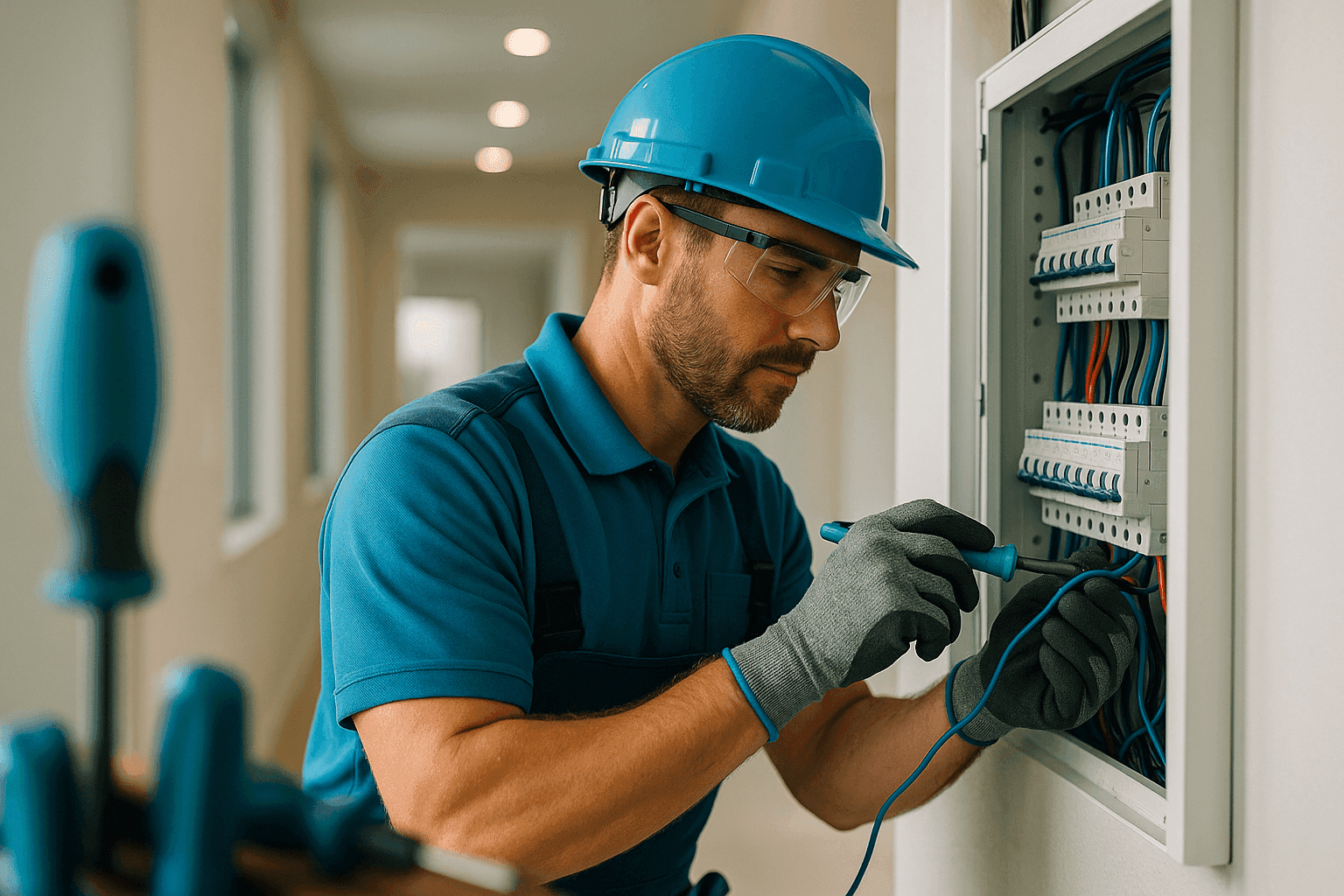 Electrician wearing PPE inspecting electrical panels at a clean residential or commercial site