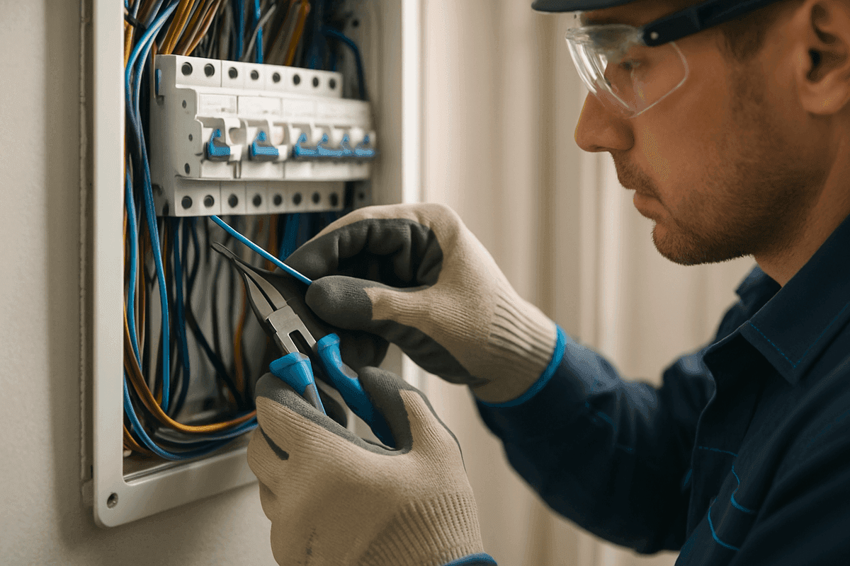 Close-up of electrician’s gloved hands connecting wires inside a modern electrical panel