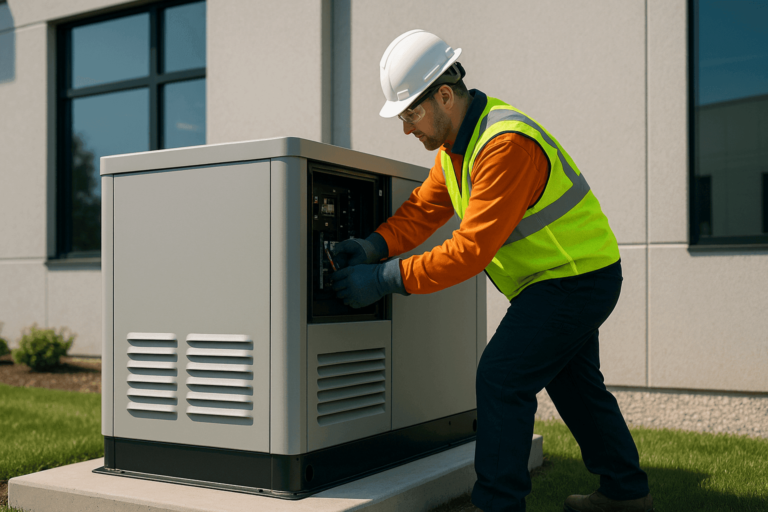 Electrician installing backup generator outside commercial building