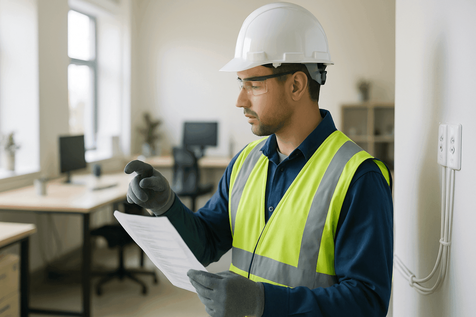 Electrician conducting safety inspection in a modern office with checklist