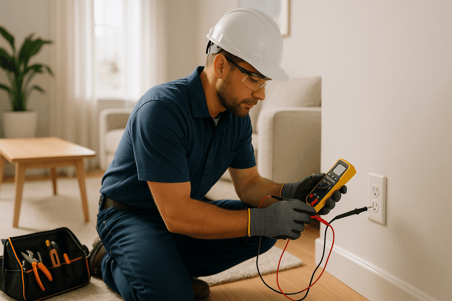 Electrician testing outlet with multimeter in a bright living room
