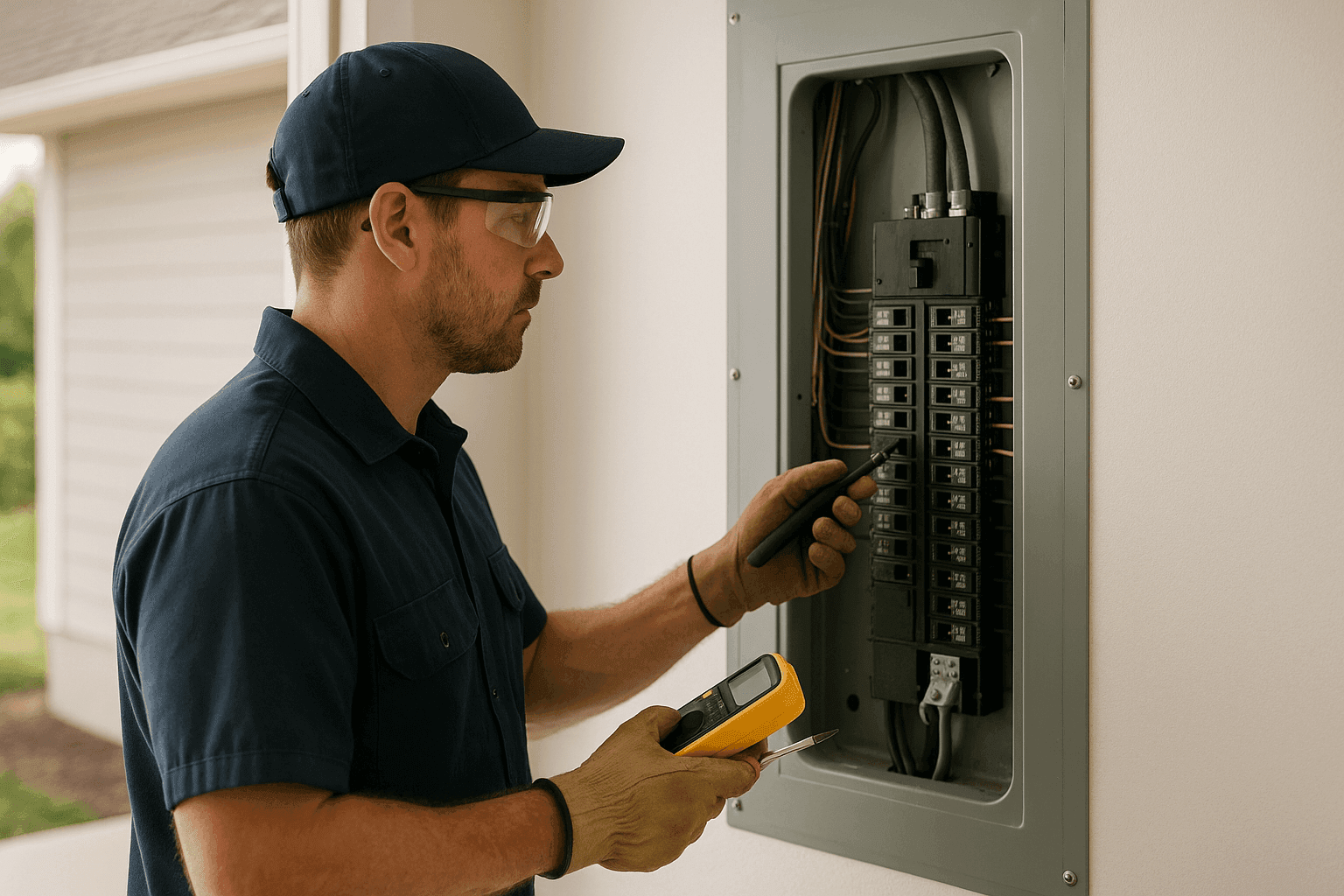 Electrician inspecting residential electrical panel with tools