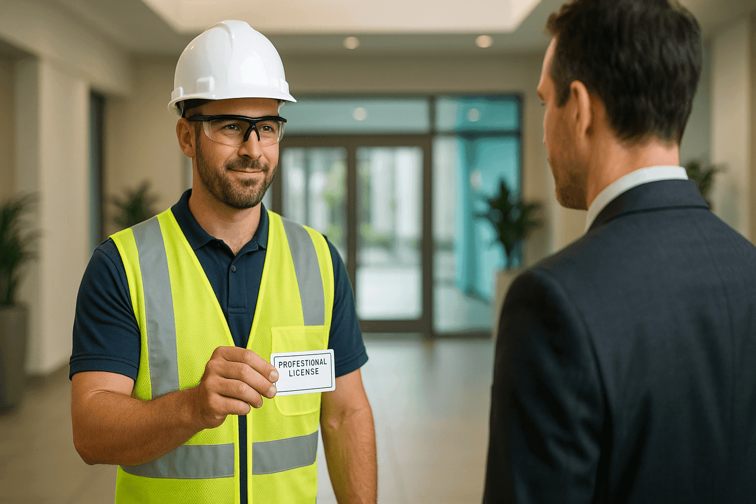 Electrician showing license card to business owner in office lobby