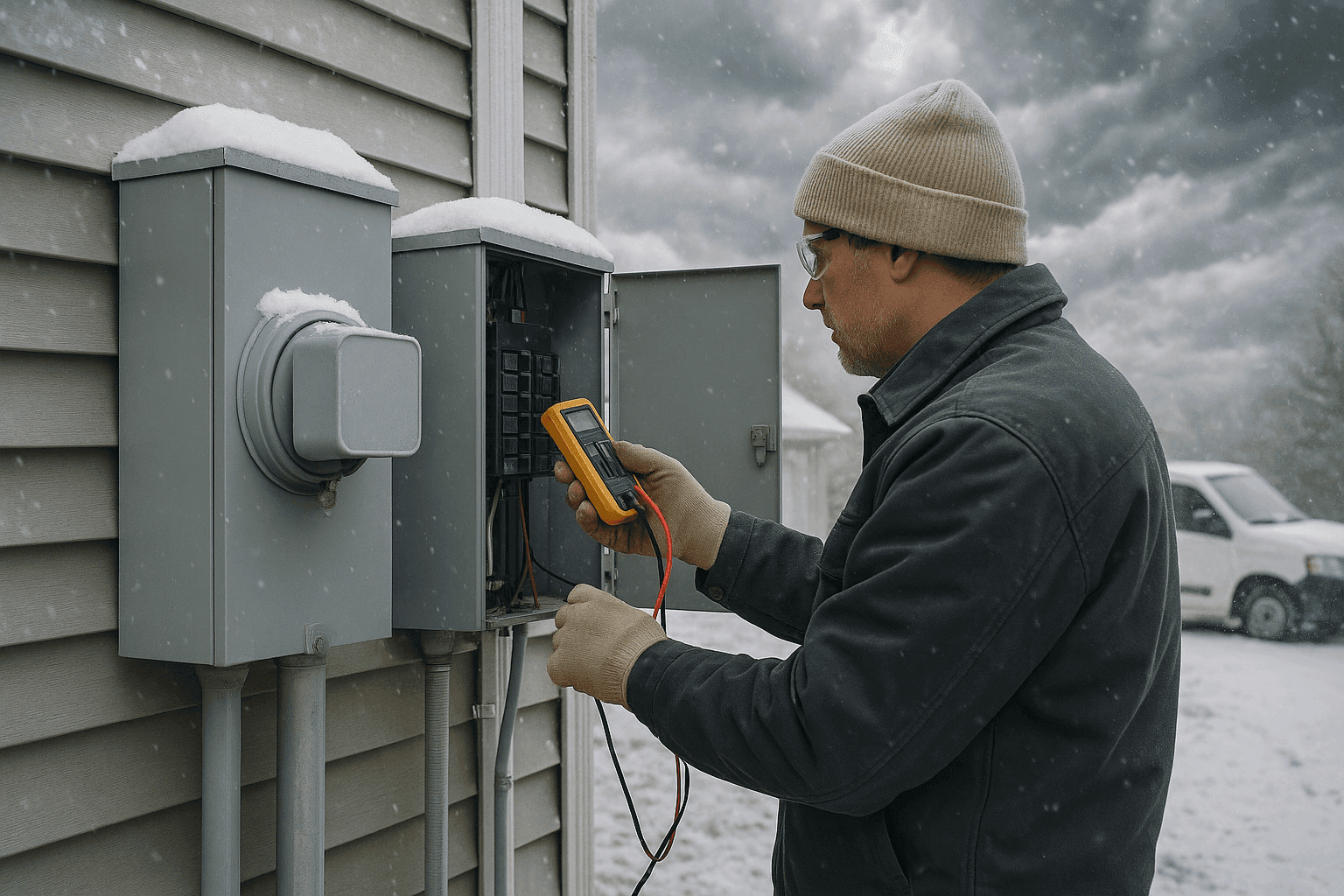 Homeowner inspecting electrical panel outdoors during winter storm