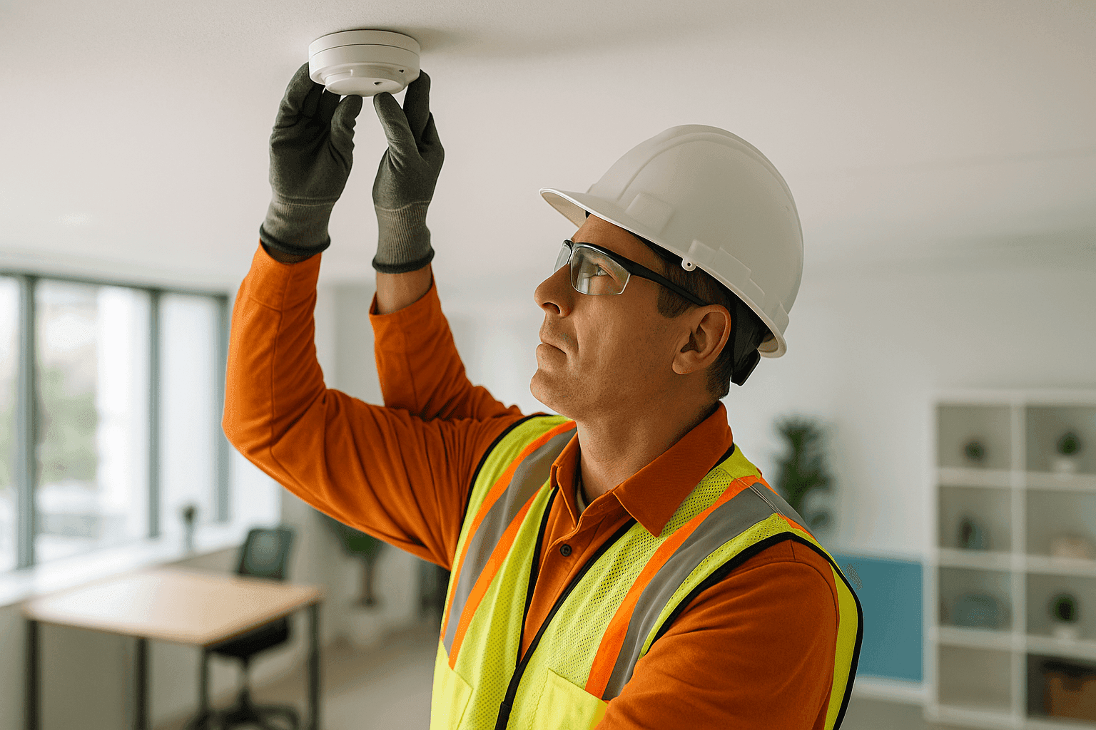Electrician installing smoke detector on a ceiling in a modern office